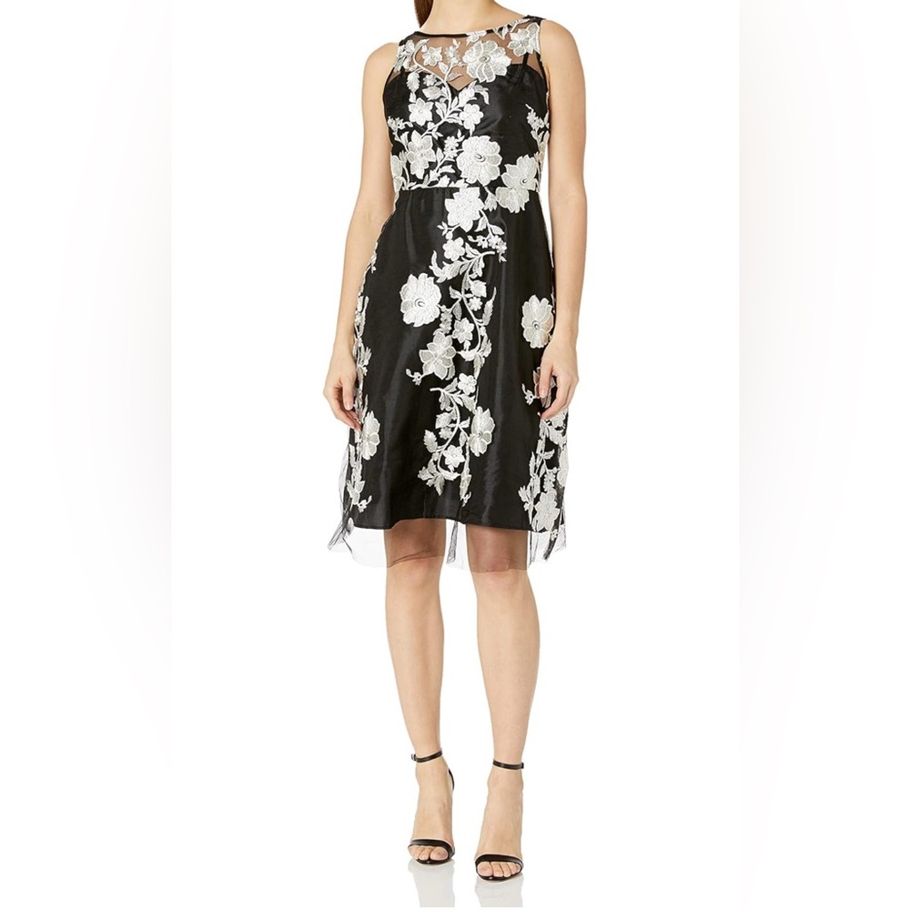 Sandra Darren Black White Dress embroidered floral mesh sleeveless cocktail 14